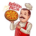 Chef with pizza in hand. Pizzeria, fast food concept. Cartoon vector illustration Royalty Free Stock Photo