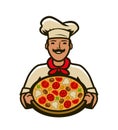 Chef with pizza logo. Menu design for cafe and restaurant. Vector illustration Royalty Free Stock Photo