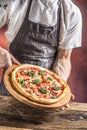 Chef and pizza. Chef offering pizza in hotel or restaurant Royalty Free Stock Photo