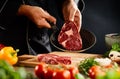 Chef placing a raw steak into a skillet Royalty Free Stock Photo