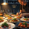 Chef Plating Appetizers in a Restaurant Kitchen Royalty Free Stock Photo