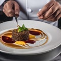 A chef plating a dish with intricate sauce designs3