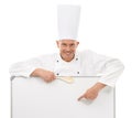 Chef, portrait and a man with menu mockup space, poster or billboard for advertising special or brand. Happy person with Royalty Free Stock Photo