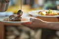 Chef pouring sauce over steak. Close up of cooking at garden party. Two plates in hand, with steak and salmon, in coloured Royalty Free Stock Photo