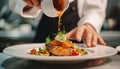 Chef pouring sauce to baked meat with vegetables. AI generated. Royalty Free Stock Photo