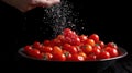 Chef pours cherry tomatoes in a plate. Generative AI