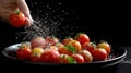 Chef pours cherry tomatoes in a plate. Generative AI