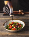 Chef pours sauce on the salad dish