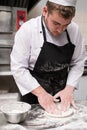 Chef prepare traditional pizza dough flour messy Royalty Free Stock Photo