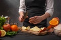 Chef prepares a dish by slicing fresh apples. Cooking food, tasty and proper nutrition, recipes