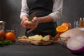 Chef prepares a dish by slicing fresh apples. Cooking food, tasty and proper nutrition, recipes