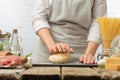 Chef Prepares Dough Baking Pasta Bread Pizza Background Ingredients Kitchen Light Background Cooking Recipe Royalty Free Stock Photo