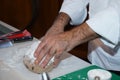 Chef prepares dough dough from sweet ingredients Royalty Free Stock Photo