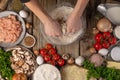 Chef Prepares Dough Pizza Pie Pasta Top View Background Ingredients Step Cooking Process Royalty Free Stock Photo