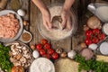 Chef Prepares Dough Pizza Pie Pasta Top View Background Ingredients Step Cooking Process