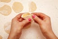 Chef prepares dumplings with curd Royalty Free Stock Photo
