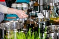 Chef prepares ingredients for tuna tartare. Master class in the kitchen. The process of cooking. Step by step. Tutorial. Close-up