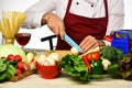 Chef prepares meal. Professional cookery concept. Male hands cut mushroom