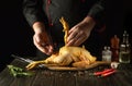 The chef prepares raw chicken in kitchen. The cook adds pepper before frying. Preparing to fry fried chicken Royalty Free Stock Photo