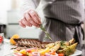 Decorated with a sprig of rosemary. the chef prepares in the restaurant. Grilled rack of lamb with fried potatoes and Royalty Free Stock Photo