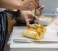 Sandwich chef prepares sandwich in the kitchen, Delicious sandwich with veggies and meat