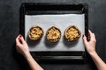 The chef prepares stuffed Portobello mushrooms. Gray background. Top view. Space for text