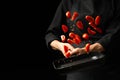 The chef prepares tomato sauce, fry the tomatoes, cherry tomatoes in a frying pan, freeze, for pasta, pizza. steps process on
