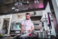 Chef preparing beef fillet steak in a frying pan