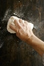 Chef preparing dough kneading it with his hand