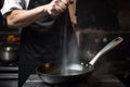 Chef preparing food in a frying pan in a restaurant kitchen. Generative AI
