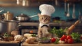 chef preparing food A mischievous kitten with a tiny hat and apron, cooking in a miniature kitchen set,