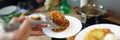 Chef preparing fried potato pancakes in frying pan closeup Royalty Free Stock Photo