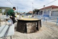 Chef preparing giant paella in Orihuela, Spain