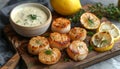 Chef preparing grilled scallops in creamy lemon butter or cajun sauce with herbs