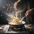 chef preparing northern italy rice creamy risotto with saffron , broth, butter and parmesan cheese