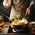 chef preparing northern italy rice creamy risotto with saffron , broth, butter and parmesan cheese