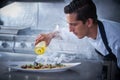 Chef preparing octopus in kitchen with smoke Royalty Free Stock Photo