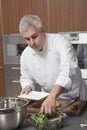 Chef Preparing Salad In Commercial Kitchen