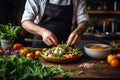 Chef preparing a salad in a restaurant kitchen. Healthy food concept, A chef preparing a salad with fresh, organic ingredients, AI Royalty Free Stock Photo