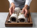 Chef Preparing Sushi Rolls with Fresh Ingredients in Kitchen Royalty Free Stock Photo
