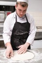 Chef prepare traditional pizza dough flour messy Royalty Free Stock Photo