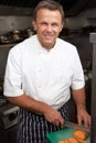 Chef Preparing Vegetables In Restaurant Kitchen