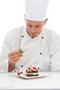 Chef, presentation and mint on sweet cuisine by culinary cook with chocolate recipe on a plate isolated in white studio