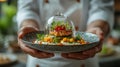 Chef presenting gourmet dish, restaurant kitchen (1 Royalty Free Stock Photo