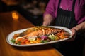 chef presenting a plate of grilled salmon steaks to customers Royalty Free Stock Photo