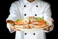 Chef proudly presenting steamed crabs on the plate in dark dramatic background.