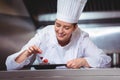 Chef putting a cherry on a dessert Royalty Free Stock Photo