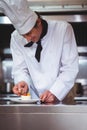 Chef putting finishing touch on dessert