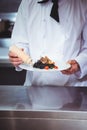 Chef putting sauce on a dish of spaghetti Royalty Free Stock Photo