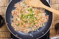 Chef putting slice of green onion for cooking fried rice Royalty Free Stock Photo